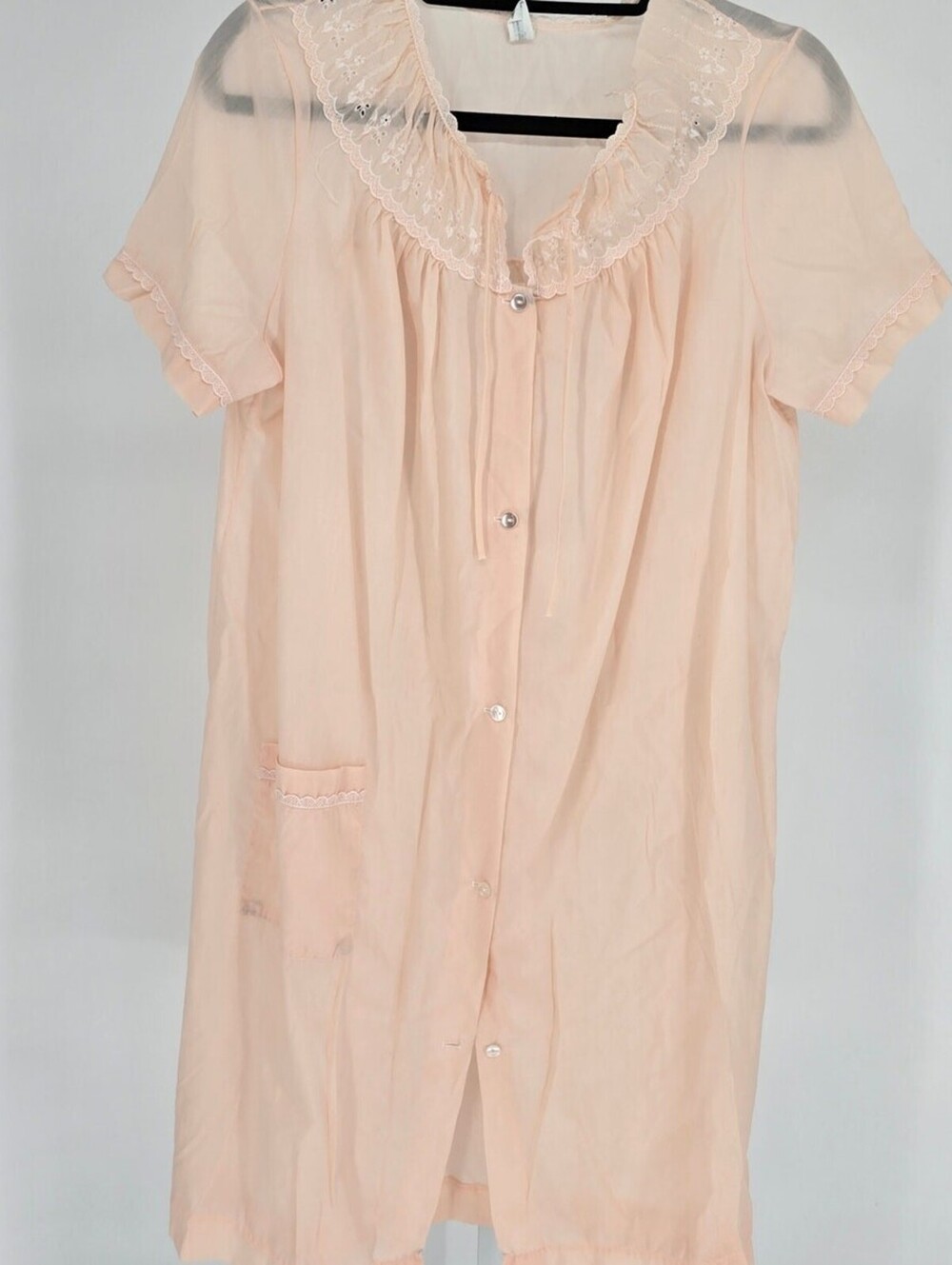 Vintage Komar Womens Sz M Knee Length Nylon Nightie Nightgown Peach Pink Lace